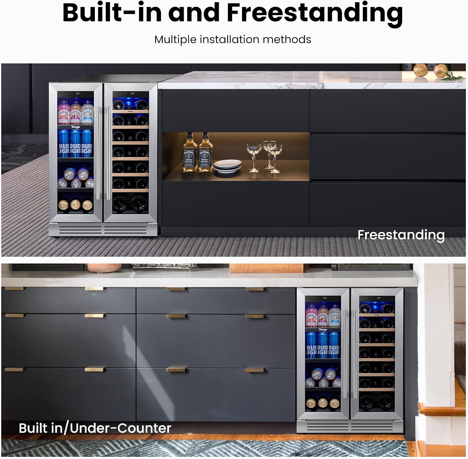 Yeego Wine and Beverage Refrigerator, 24 Inch Dual Zone Wine Fridge with Glass Door, 36-72℉ Beer Cooler Holds 20 Bottles and 60 Cans, Built-In or Freestanding Beverage Cooler for Home Bar Office