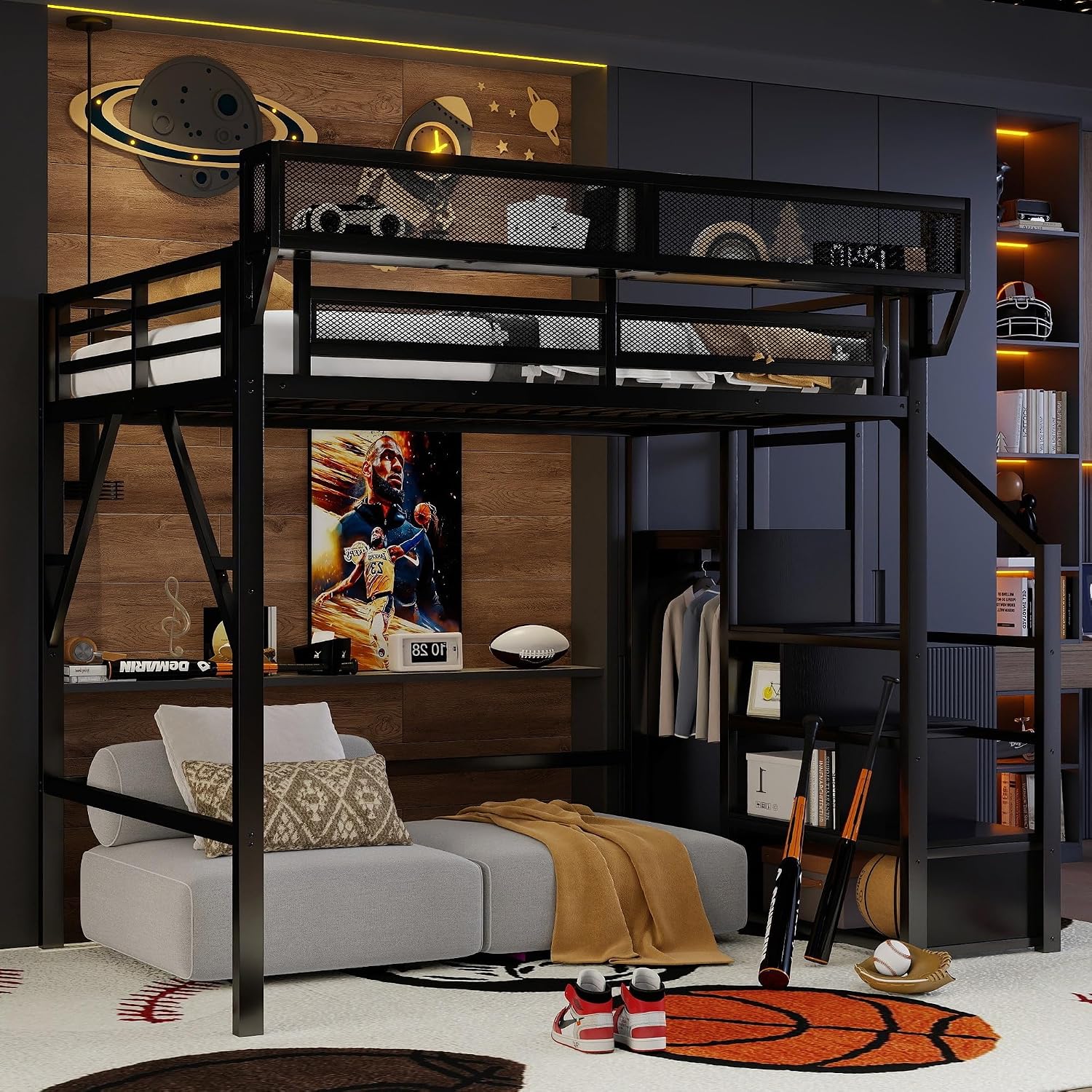 Mirightone Full Size Loft Bed with Stairs, Metal Loft Beds, High Loft Bed Frame with Storage Shelves, Lofted Full Bed with Wardrobe for Kids and Teens, No Box Spring Needed (Black)