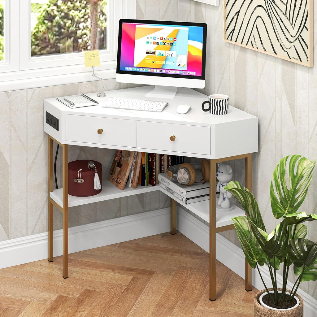 Tangkula White Corner Desk with 2 Drawers & Built-in Charging Station, 90 Degrees Triangle Computer Desk for Small Space, Bedroom Makeup Vanity Desk with Shelves, Corner Writing Desk