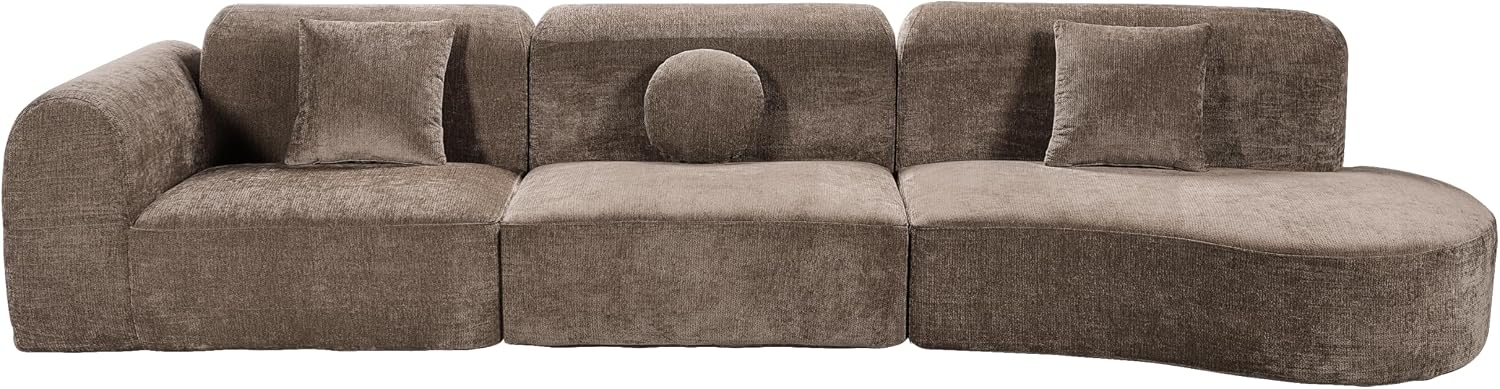 Merax 3-Piece 140' Curved Sectional Sofa Set, 4 Seat L-Shaped Modular Modern Cloud Couch with Chaise Lounge, 3 Pillows, Fully Assembled High-Density Compressed Sponge for Living Room, Brown