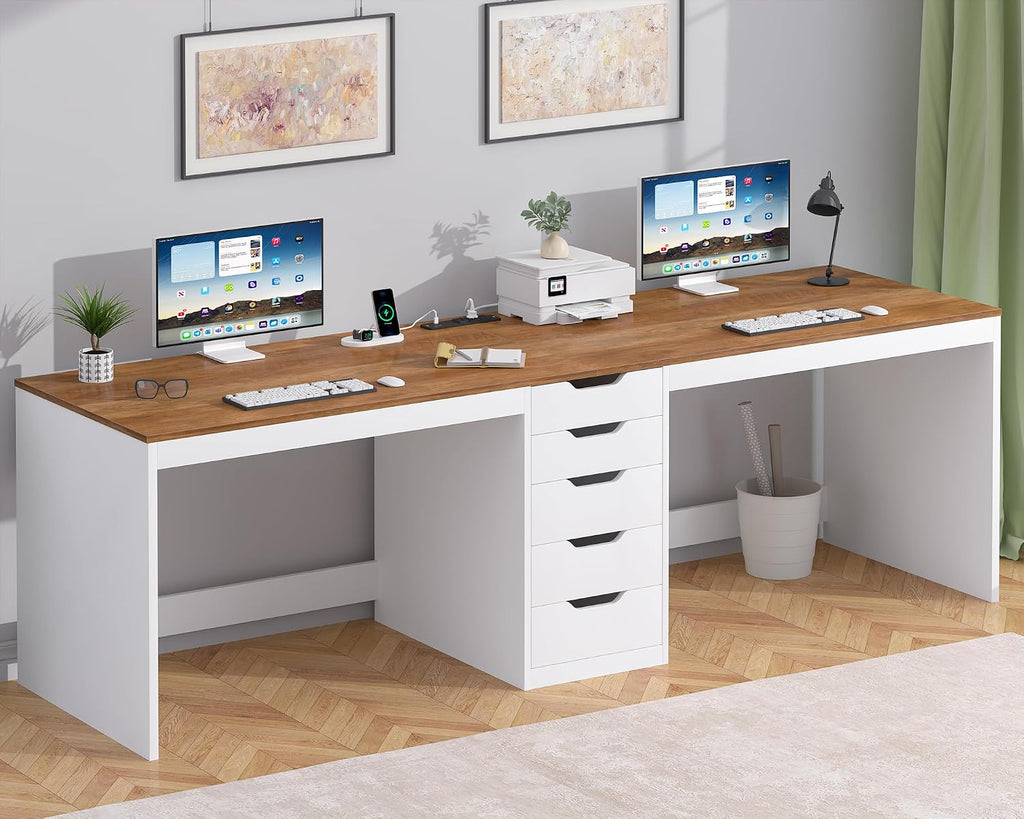 YOMILUVE 2 Person Desk with 5 Drawers and Power Outlets, 78.7 Inch Long Computer Desk with Storage File Cabinet, Two Person Home Office Double Desk with Storage, Brown and White