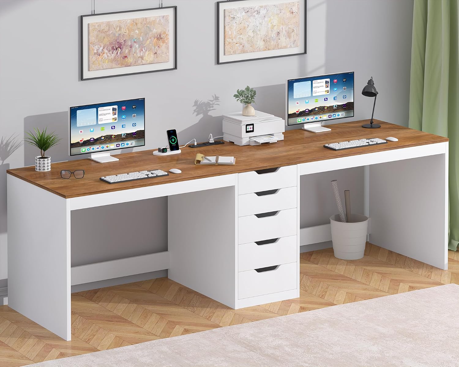 YOMILUVE 2 Person Desk with 5 Drawers and Power Outlets, 78.7 Inch Long Computer Desk with Storage File Cabinet, Two Person Home Office Double Desk with Storage, Brown and White