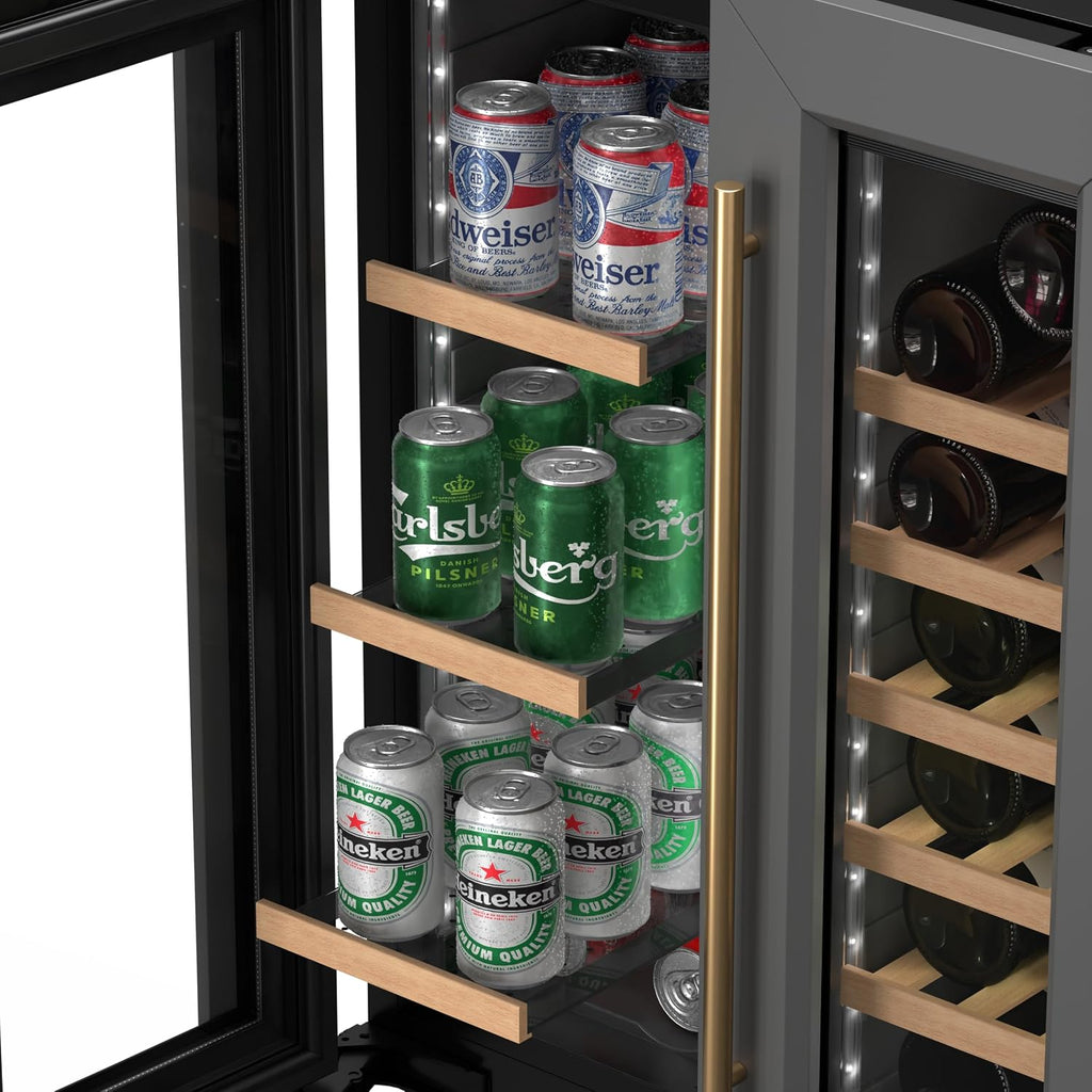 KoolMore Reserve 24 in. French Door Dual Zone Panel Ready Under-Counter Cooler with Wooden Shelves and 20 Bottle Capacity in the Right Zone and 2.1 Cu. Ft. on the Left in Black (KM-CWB24-WPR)