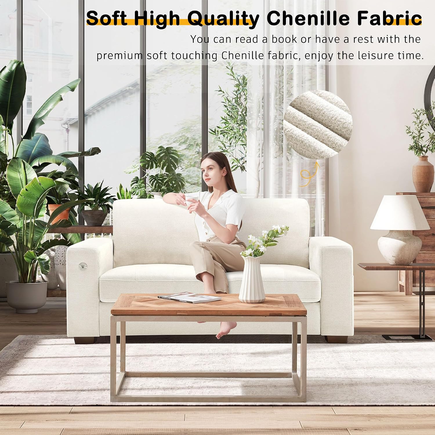 Hanherry 70' Loveseat Sofa for Living Room, Modern Comfy Couch with Medium Firm Seat Cushion, Removable Cover,Wide Armrest,USB/Type-C Port,Chenille Fabric Couches for Small Space,Apartment,Bedroom