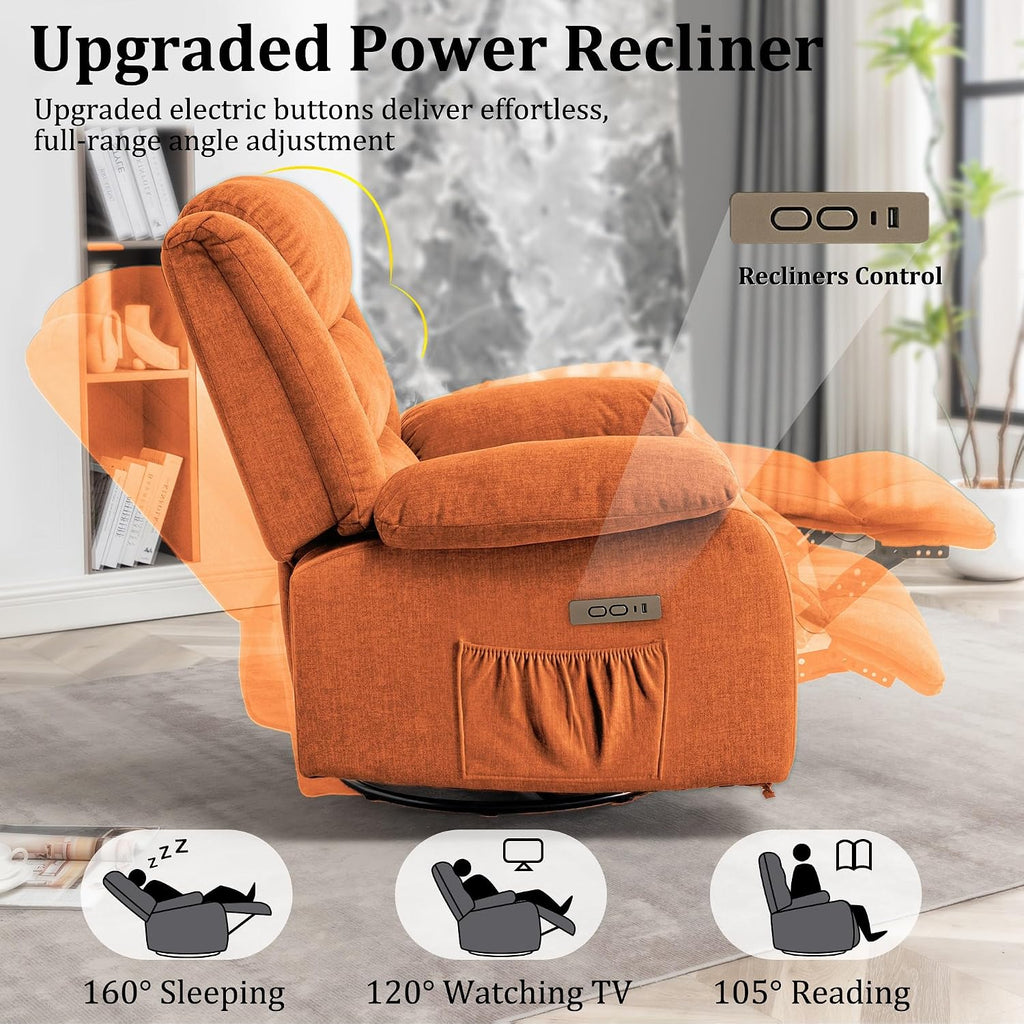 Korser Power Recliner Chair, Electric Rocker Recliner with Massage and Heat, 270° Swivel Glider, Oversized Wide Seat with USB Port, Cashmere Nursery Chair for Living Room, Orange