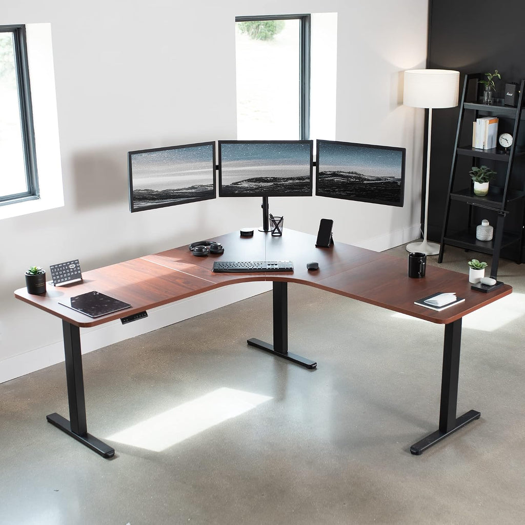 VIVO Universal 71 x 71 inch Curved Corner Table Top for L-Shape Sit to Stand Height Adjustable Home and Office 3-Leg Desk Frames, Dark Walnut Desktop, DESK-TOP2CD