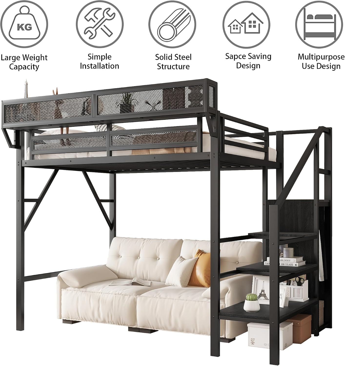 Twin Size Loft Bed with Stairs, Metal Loft Beds Twin with Storage Shelves, Adults Loft Bed with Wardrobe, Heavy Duty High Lofted Bed for Kids Teens,Black +Black Stair