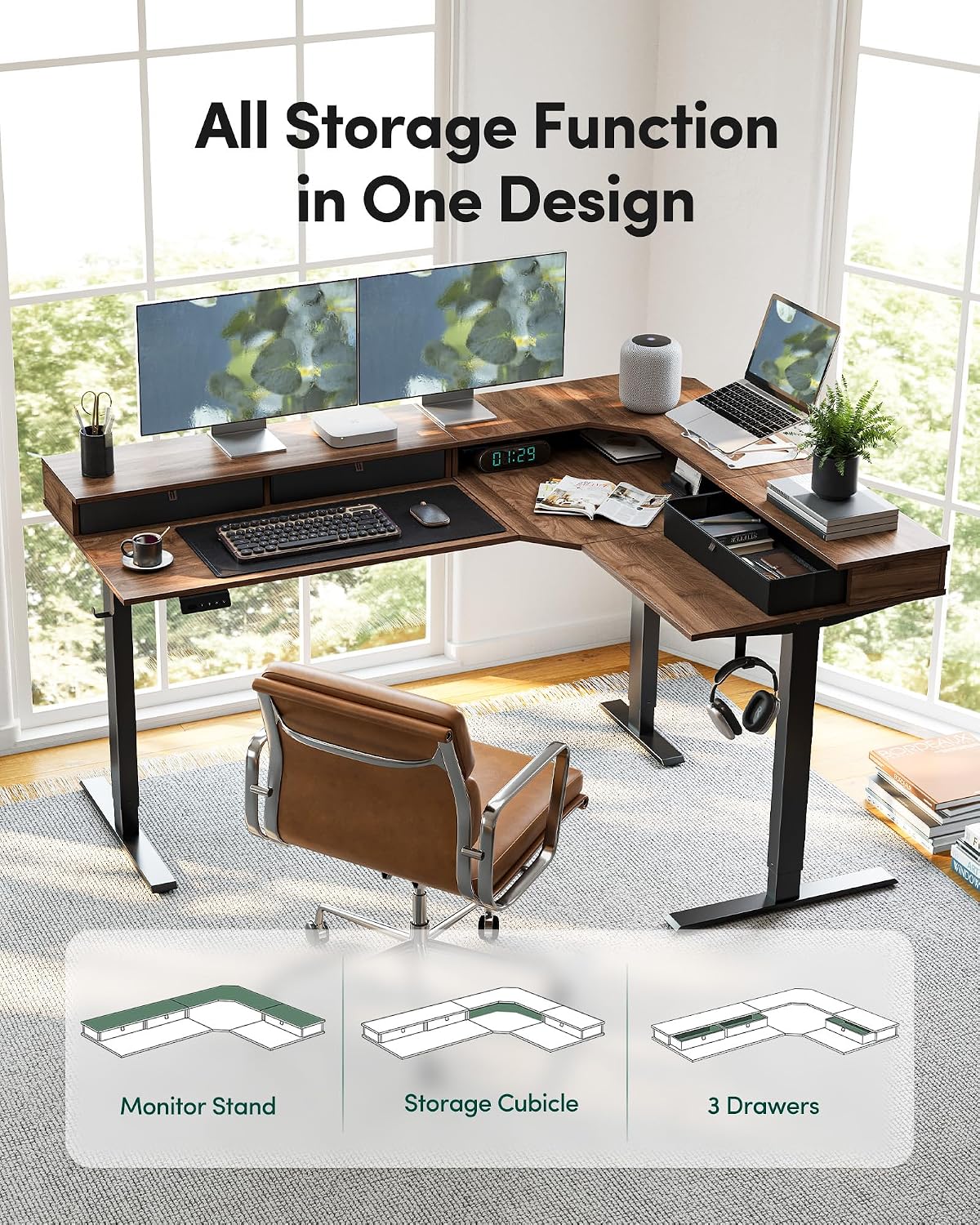 FEZIBO L-Shaped Electric Standing Desk, 63 x 48 Inches Height Adjustable, Reversible Tabletop, Corner Desk with Drawers, Ergonomic Computer Table, Black Walnut Top