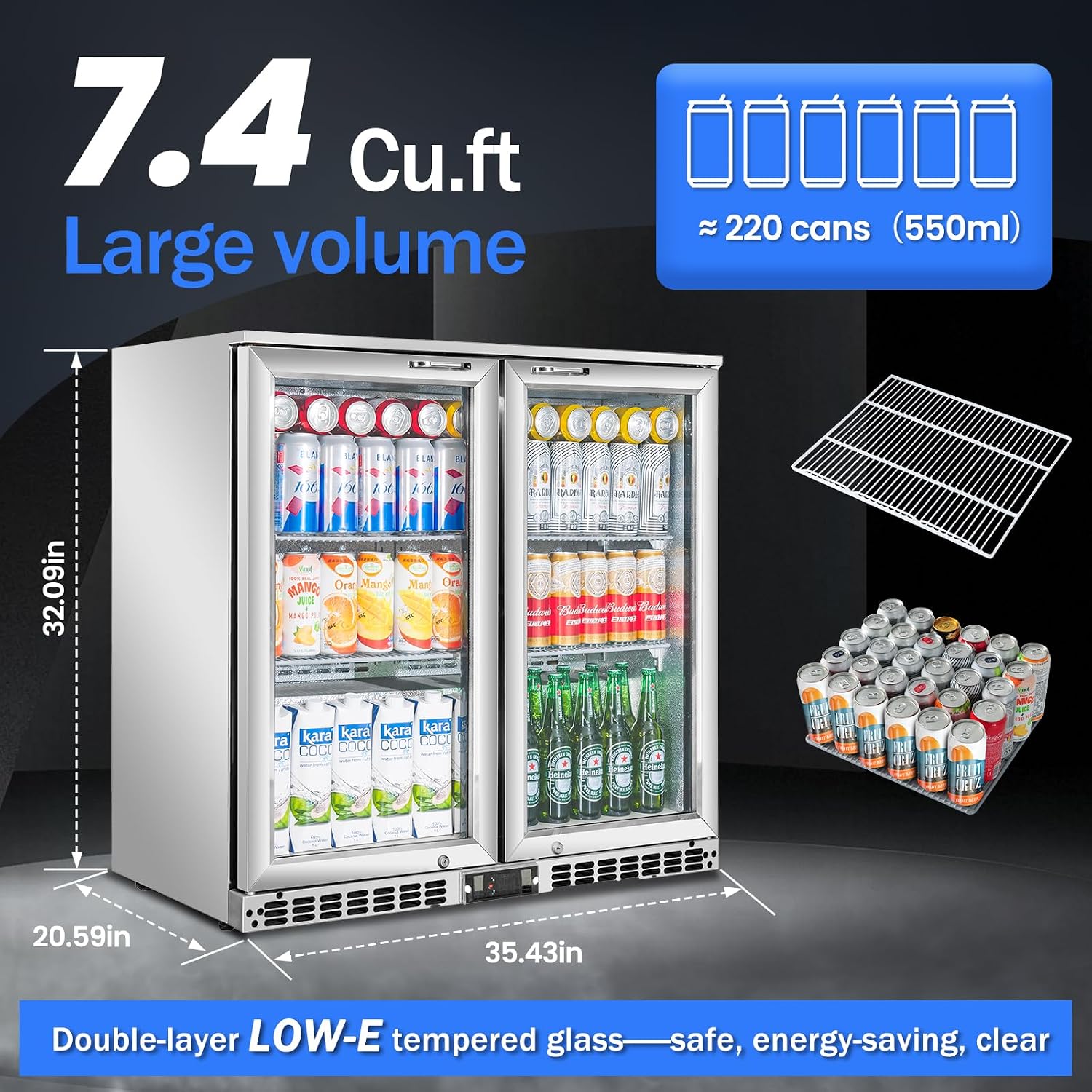 Back Bar Cooler with 2 Glass Doors Under Counter Commercial Beverage Refrigerator Silver Stainless Steel 7.4 Cu.ft. ETL Drink Fridges for Bar,Office