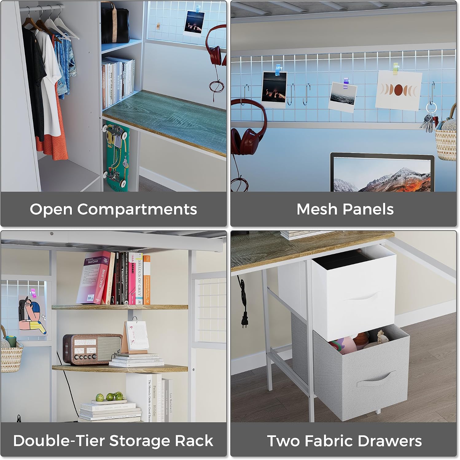 Kikihouse Full Size Loft Bed with Desk, Stairs & LED Light, Metal Gaming Loft Bed Frame with Headboard, Safety Guardrails, Charging Station, Closet and 12 Fabric Drawers, Space Saving, White and Oak