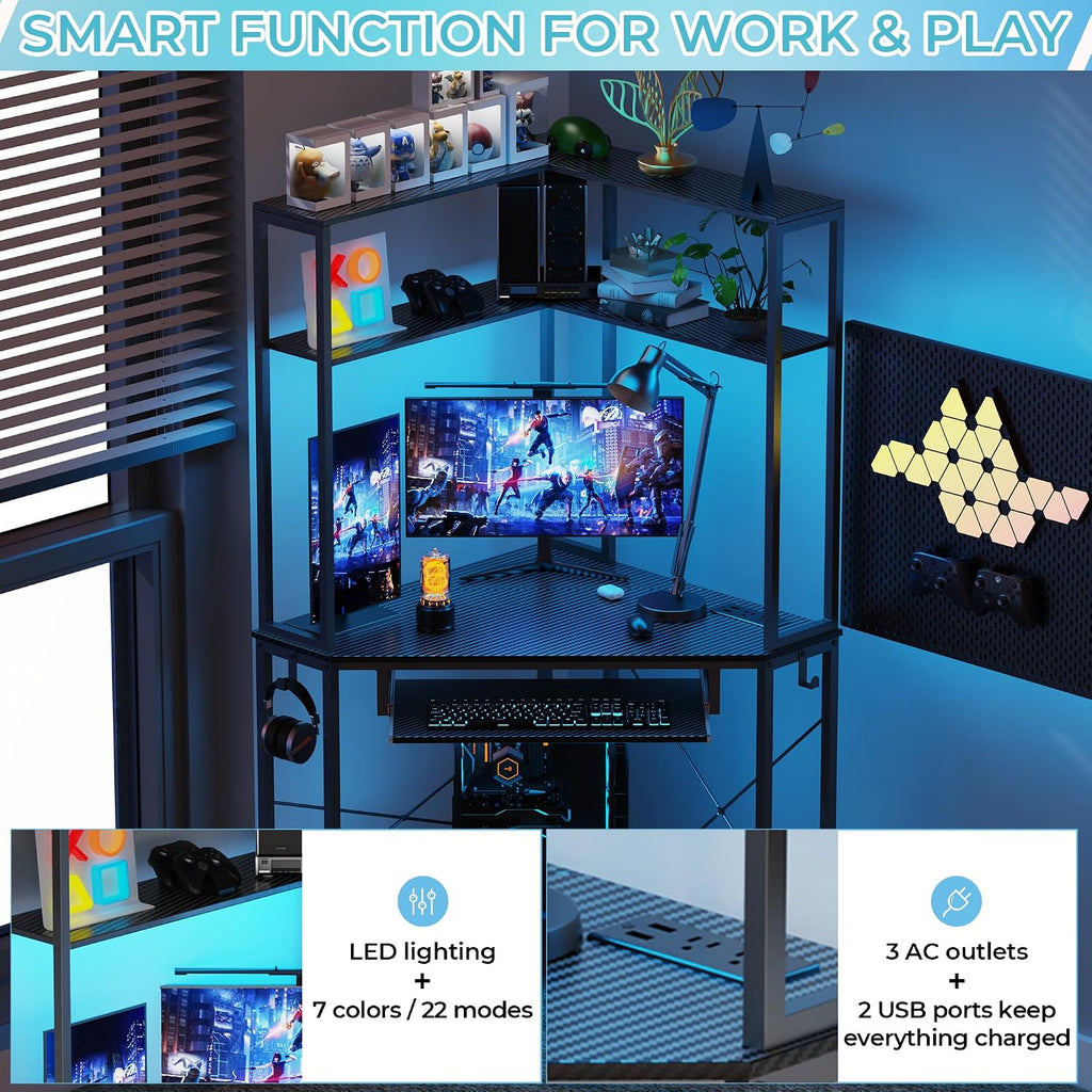 Corner Desk with Hutch and LED Lights, Corner Computer Desk with Keyboard Tray and Monitor Stand, Small Computer Desk for Small Spaces, Home Office（Carbon Black）
