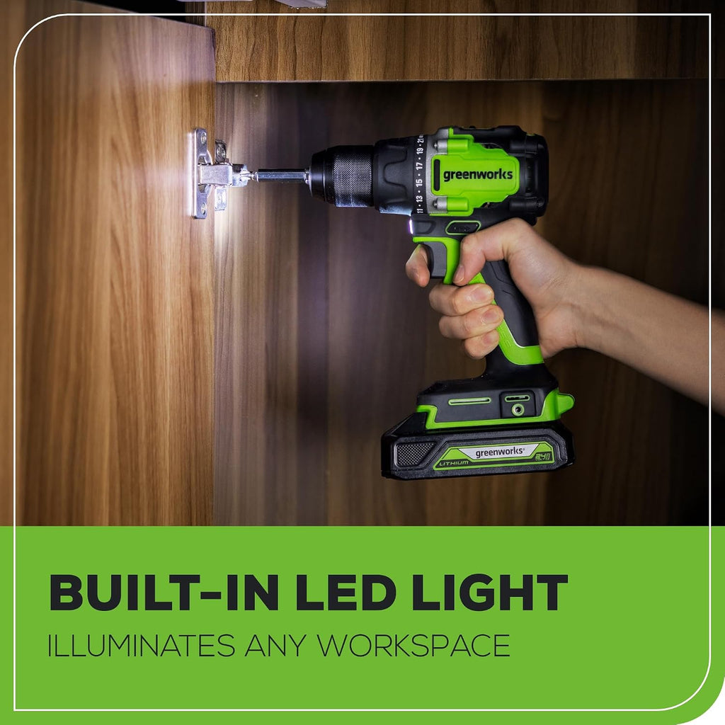 Greenworks 24V Brushless Cordless Compact 1/2 in. Drill/Driver Kit (Keyless Ratcheting Metal Chuck /530 in.-lbs. /21+1 Clutch Position/LED Light), 2×2Ah Battery and Fast Charger Included
