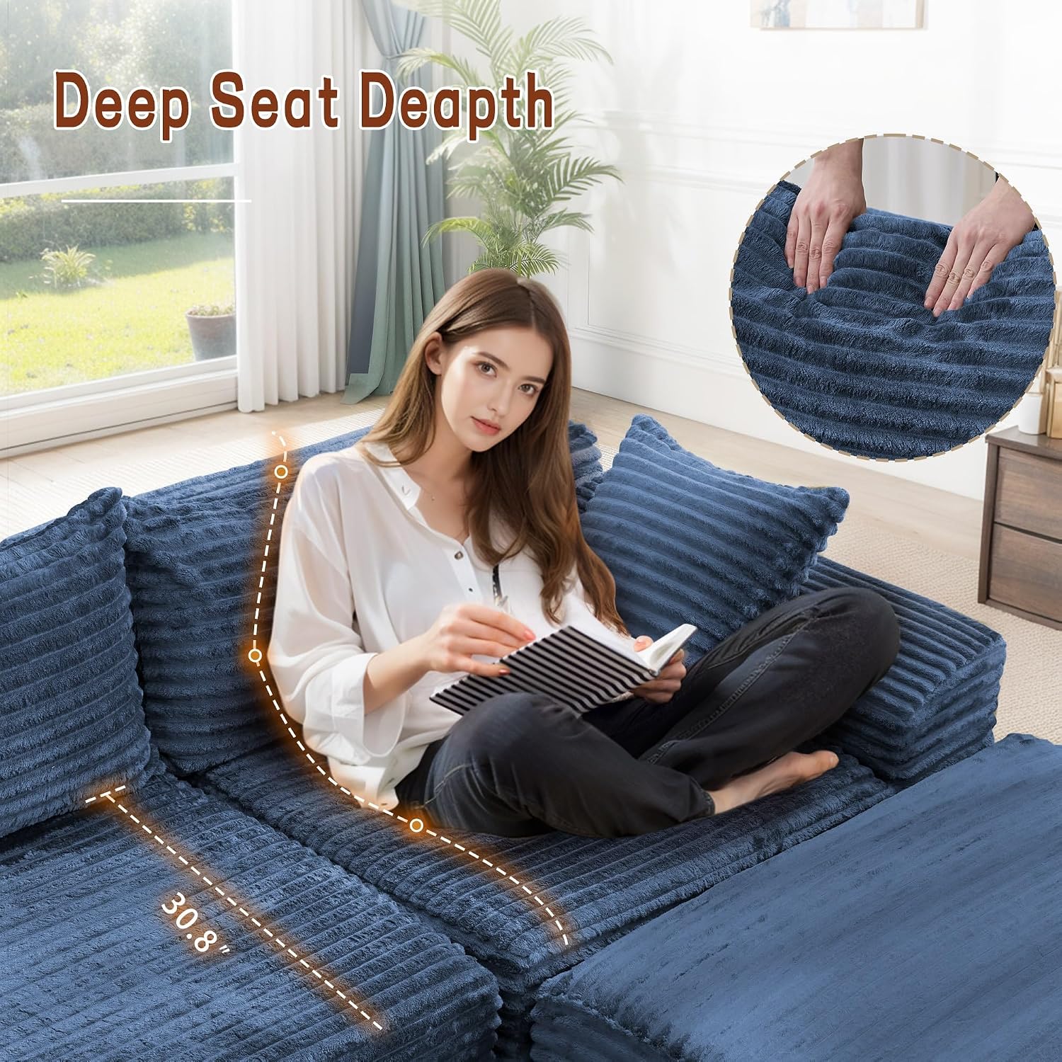 Korser 110' L-Shaped Modular Sectional Sofa with Chaise, Boneless Comfy Corduroy Fluffy Couch with Deep Seat and Side Pockets, Flexible Module Combination for Living Room, No Assembly, Side Pockets
