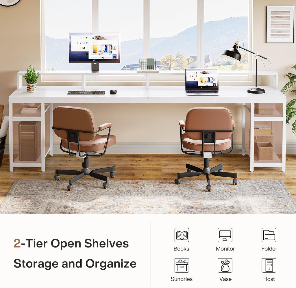 Tribesigns 78.74 Inches Extra Long Two-Person Desk, Double Computer Desk with Monitor Stand and Storage Shelves, Study Work Table for Home Office (White)