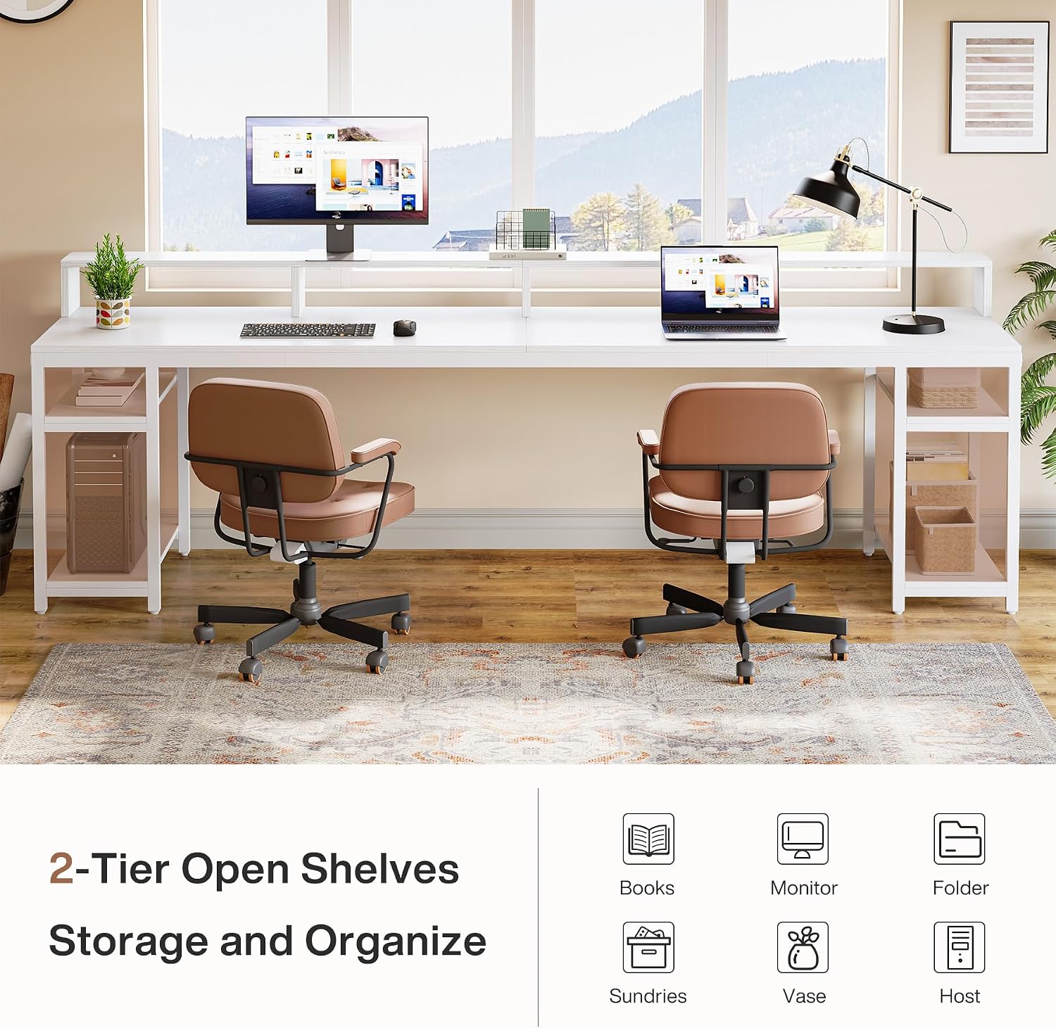 Tribesigns 78.74 Inches Extra Long Two-Person Desk, Double Computer Desk with Monitor Stand and Storage Shelves, Study Work Table for Home Office (White)