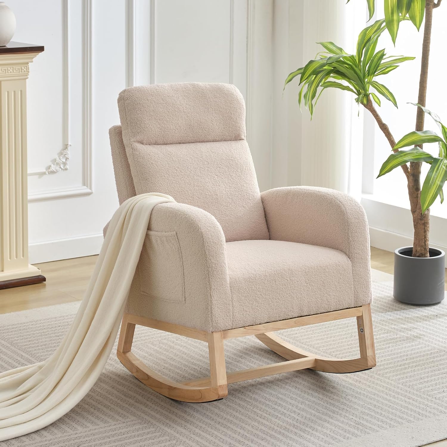 Nursery Glider Rocking Chair with 2 Side Pockets - Solid Wood Legs, Cozy Armchair for Baby Room, Living Room, Bedroom, Comfortable Nursery Essential(Beige)
