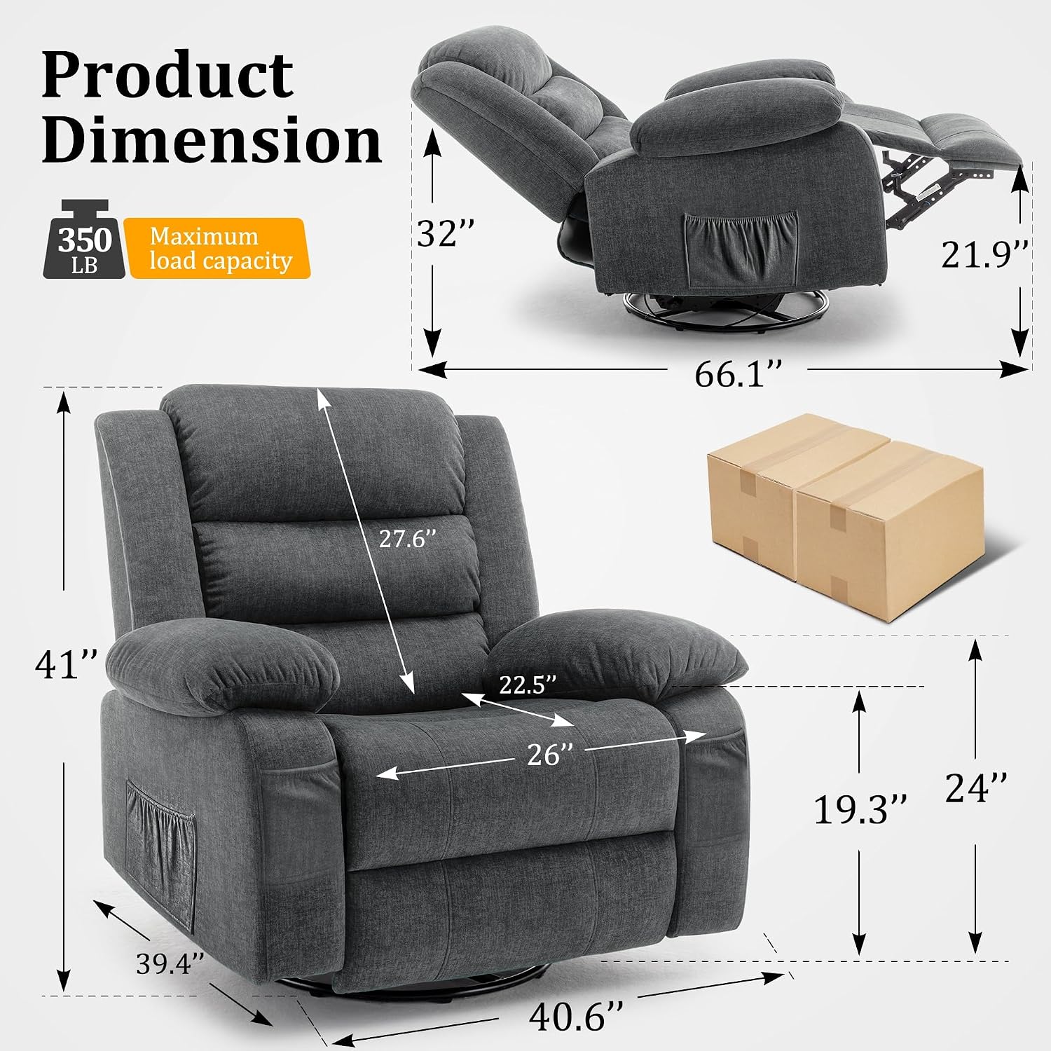 Korser Recliner Chair for Adults, Oversized 360° Swivel Rocker Recliner with Massage and Heat, Wide Nursery Glider Rocking Chair with Side Pockets, Cashmere Reclining Sofa for Living Room (Grey)