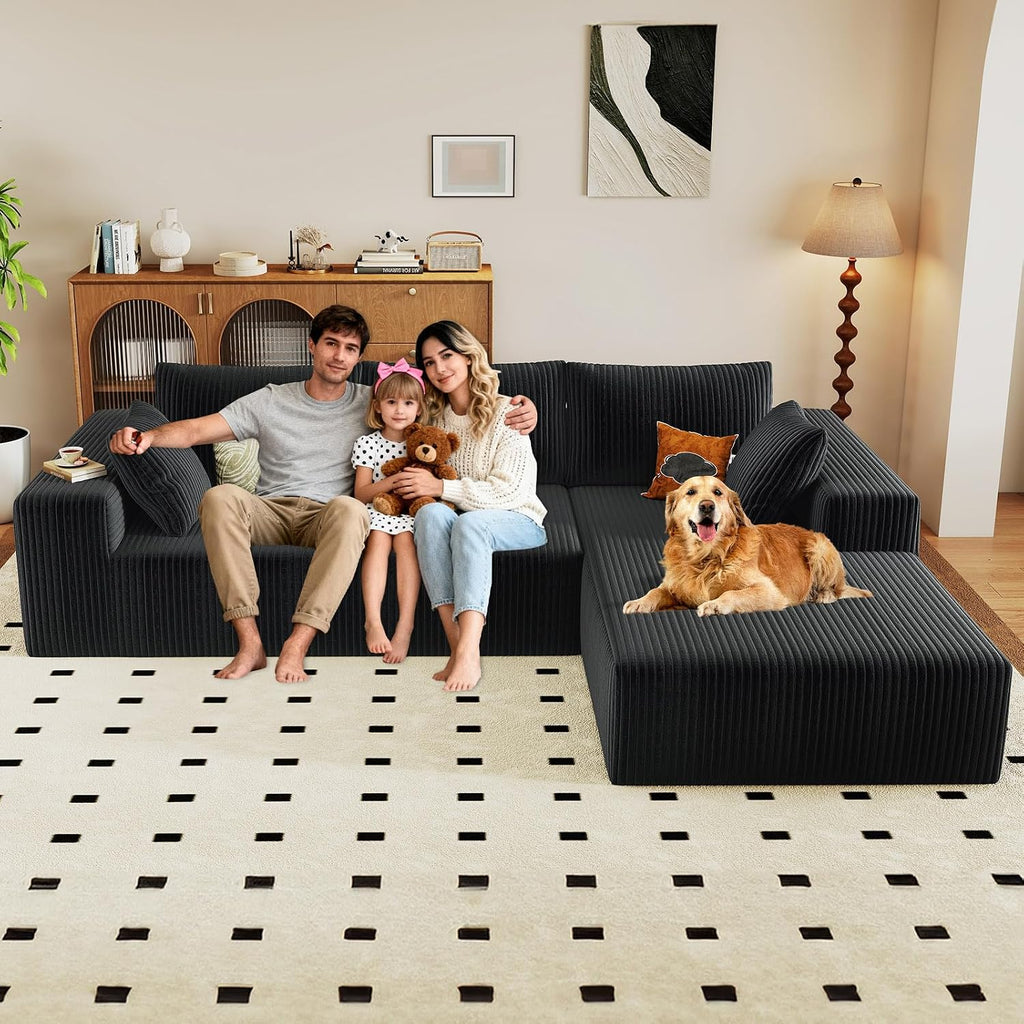 96' Modular Sectional Couch, Boneless L Shaped Cloud Sofa with Chaise Lounge, Corduroy Upholstered Couches Memory Foam Deep Seat, No Assembly Required, Ideal for Living Room(Black, Right Facing)