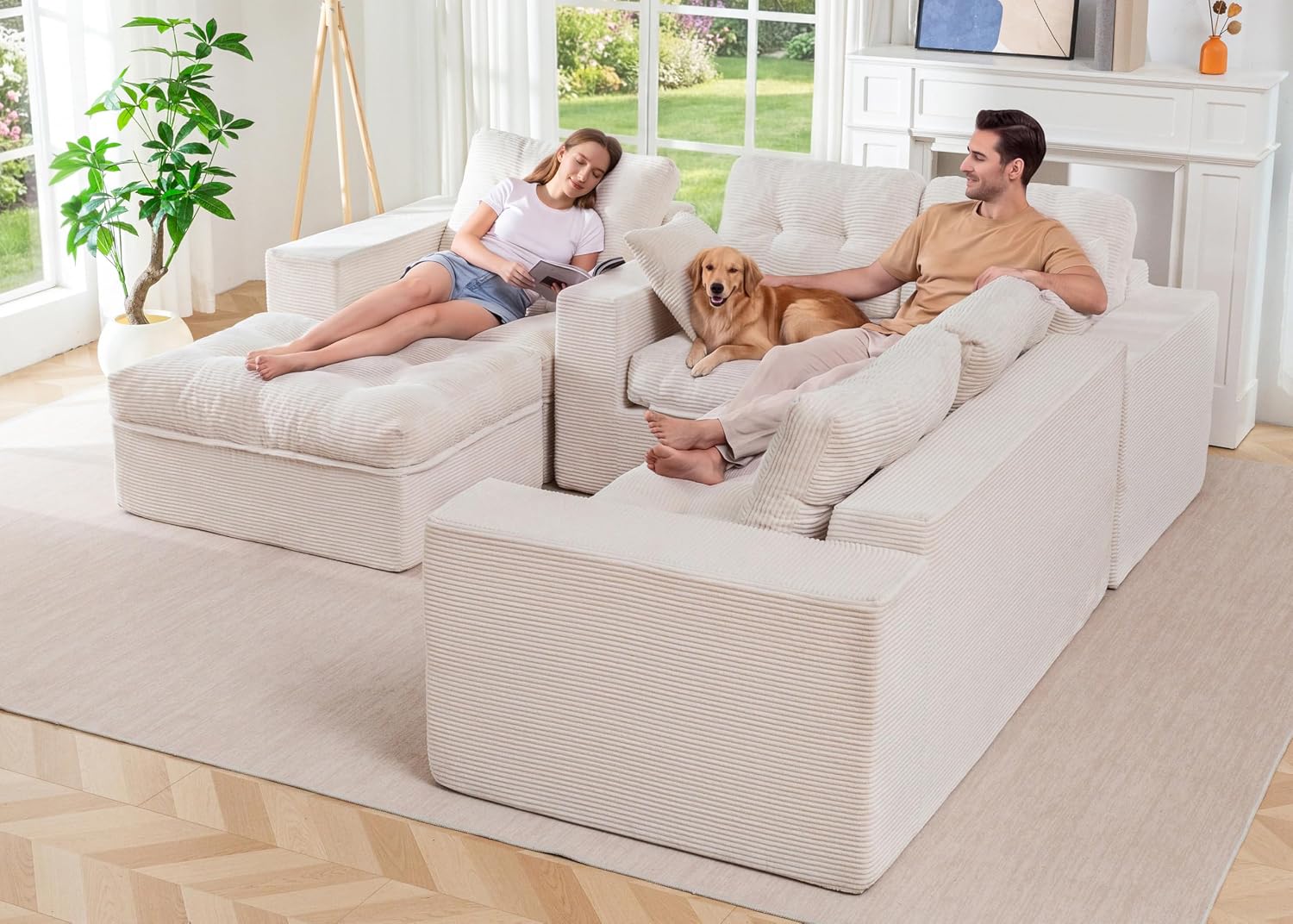 MAXYOYO Modular Sectional Sofa with Ottoman and Loveseat, Cloud Boneless Couch with Layered Cushion, Flexible Module Combination Sofa for Living Room, No Assembly Required,Beige