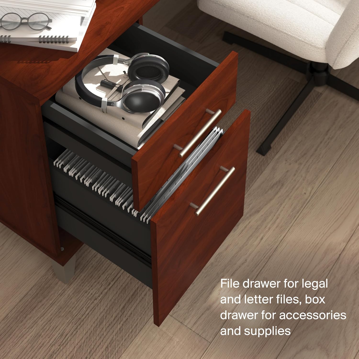 Bush Home 60-Inch L-Shaped Desk with Storage, Corner Computer Office Desk with Drawers and Storage Cabinet, Home Office Furniture, Somerset Collection, Hansen Cherry