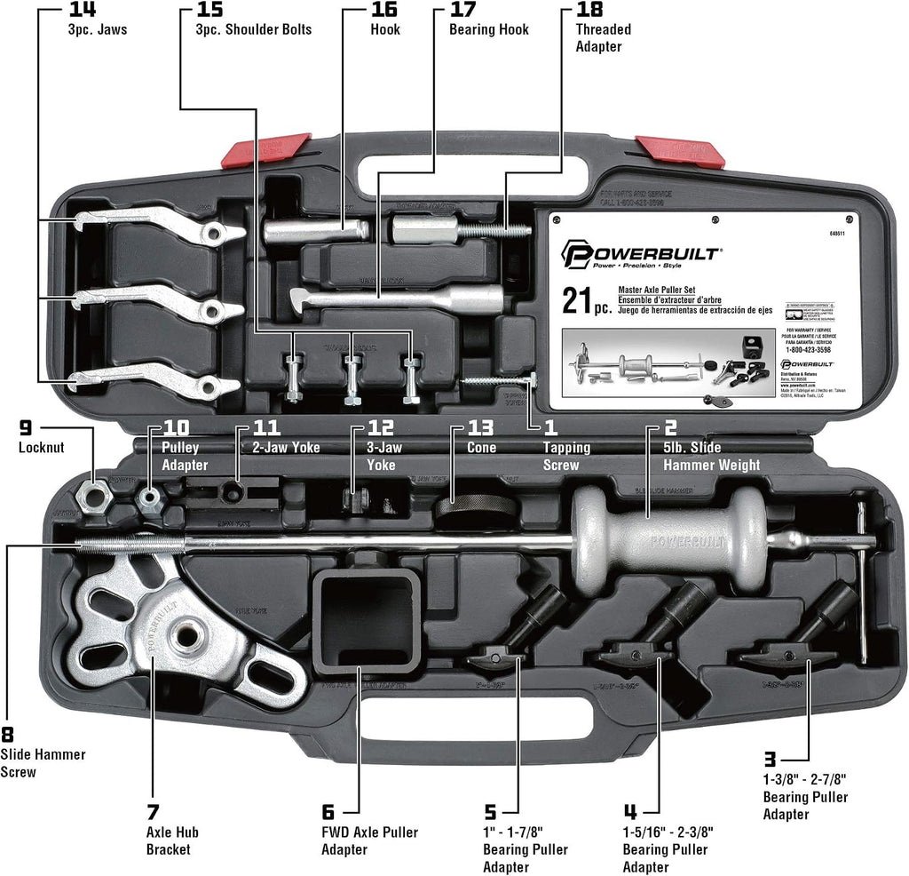 Powerbuilt Master Axle Puller Tool Set, Remove Car Front and Rear, Bearings and Seals, Vehicle Repair 21 Piece Kit - 648611, Silver