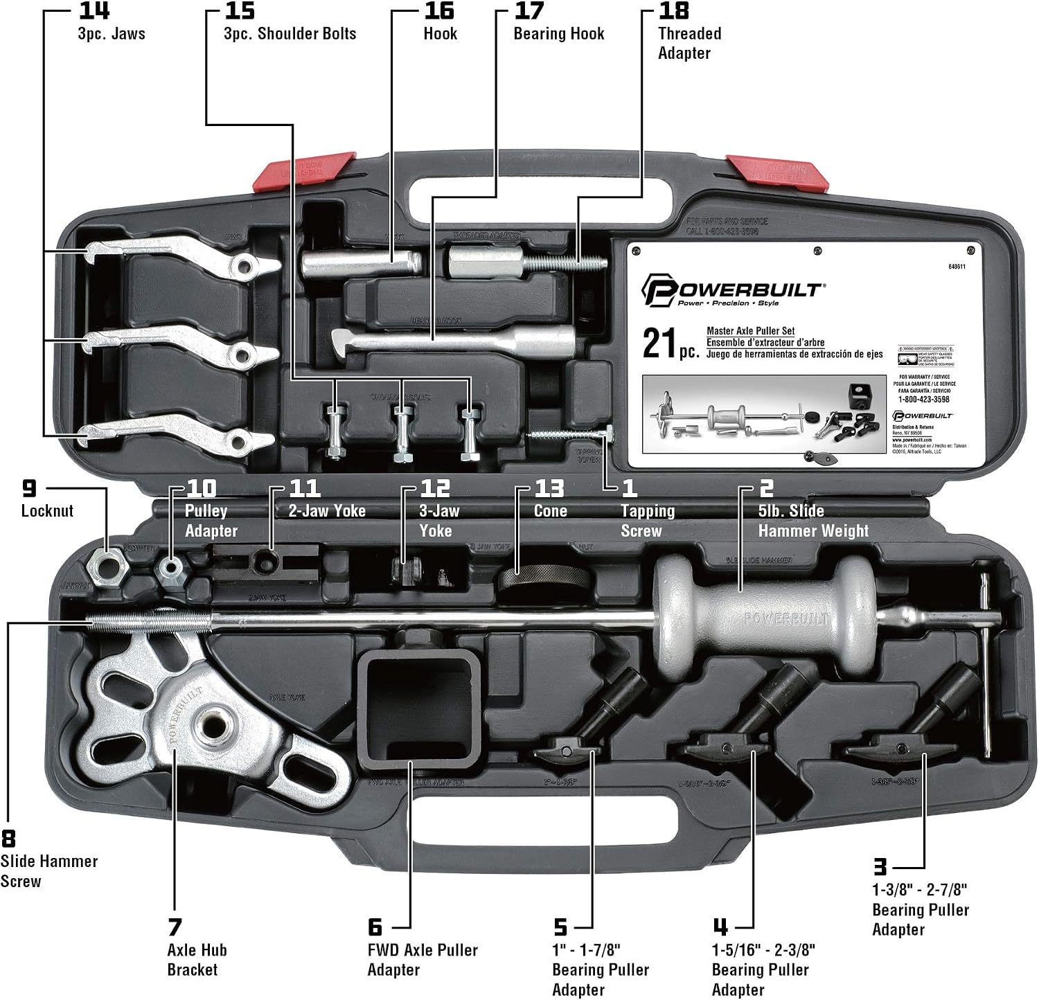 Powerbuilt Master Axle Puller Tool Set, Remove Car Front and Rear, Bearings and Seals, Vehicle Repair 21 Piece Kit - 648611, Silver