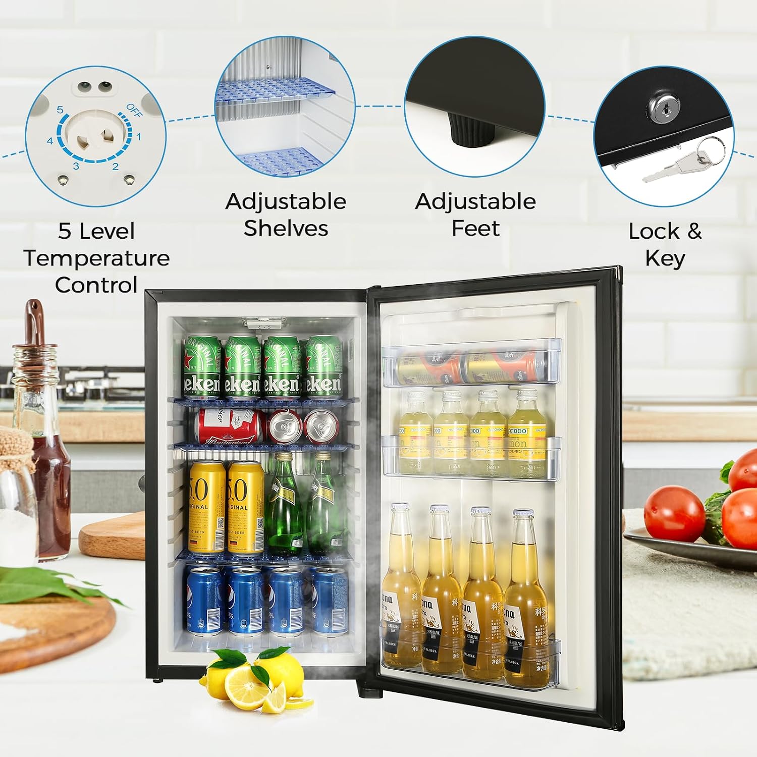 Mini Fridge for Bedroom, 1.78 cu.ft 110V Quiet Fridge with Lock, Small Silent Compact Refrigerator for Dorm RV Hotel Office, Noise Absorption, Black