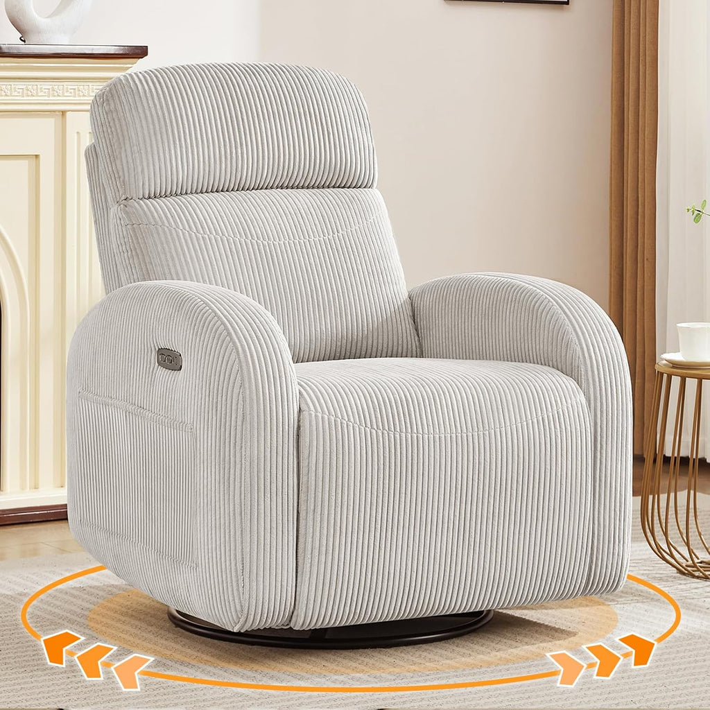 Power Swivel Rocker Recliner Nursery Glider Recliner, Swivel Glider Recliner with USB & Type-C Port, Reclining Nursery Rocker with Double Pockets for Living Room, Camel, Corduroy