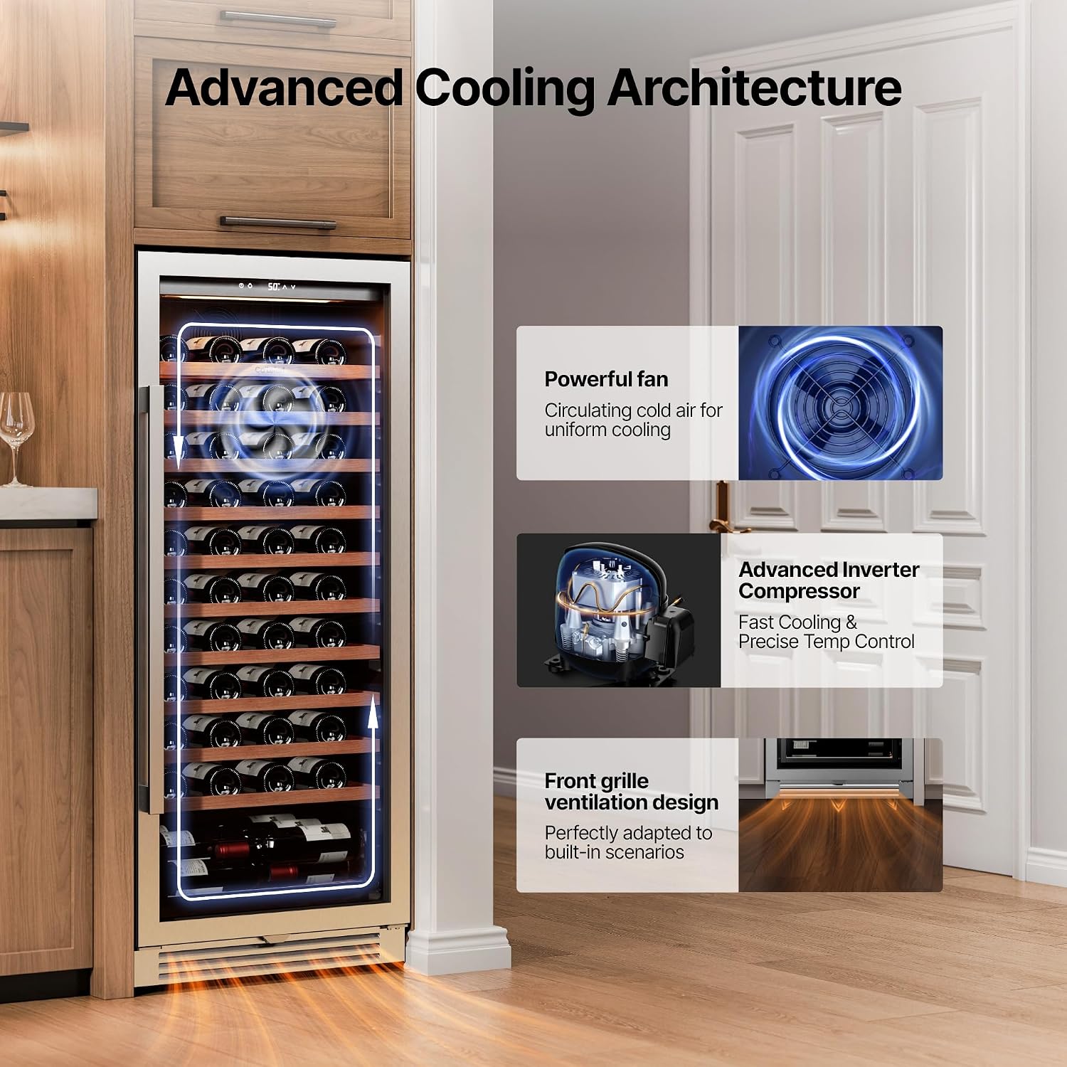 Ca'Lefort 90 Bottle Wine Fridge - 24 Inch 40-65°F Wine Cooler with Glass Door & Bottom Drawer, 10 Adjustable Shelves & 3 LED Lights, Energy Star Certified Built-in/Freestanding for Home/Bar/Kitchen