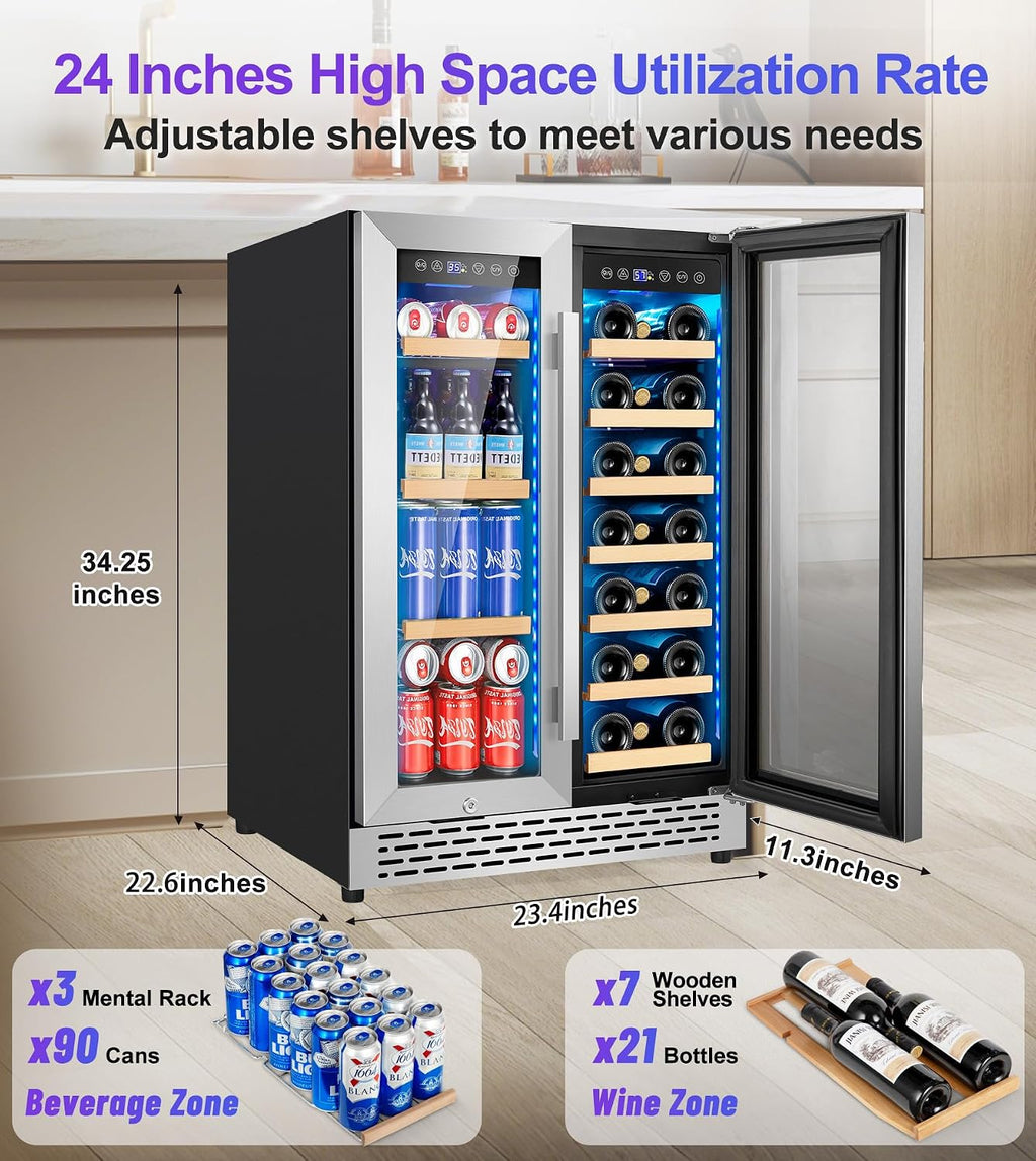 24 Inch Wine and Beverage Refrigerator, 90 Can & 21 Bottle Dual Zone Under Counter or Freestanding Wine Beverage Cooler, 3 LED Stainless-Steel Fridge with Glass Door Fast Cooling for Home/Kitchen