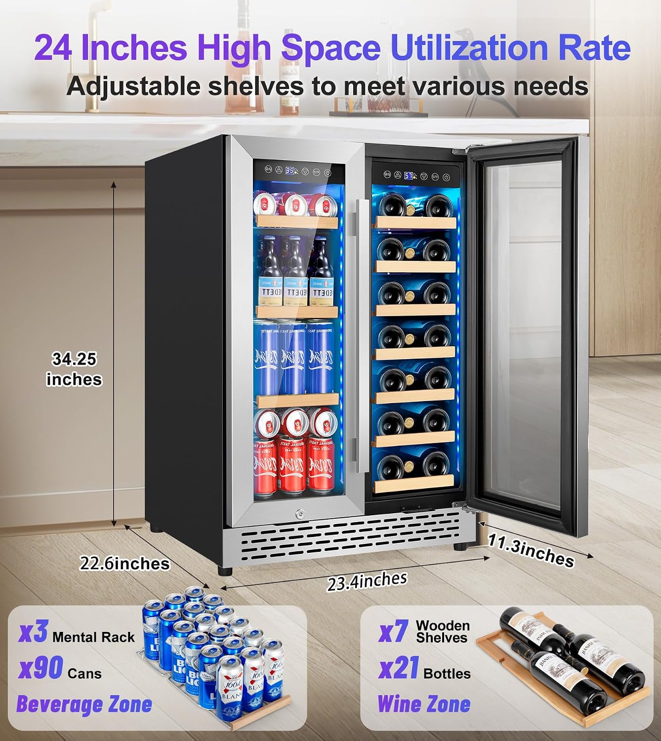 24 Inch Wine and Beverage Refrigerator, 90 Can & 21 Bottle Dual Zone Under Counter or Freestanding Wine Beverage Cooler, 3 LED Stainless-Steel Fridge with Glass Door Fast Cooling for Home/Kitchen