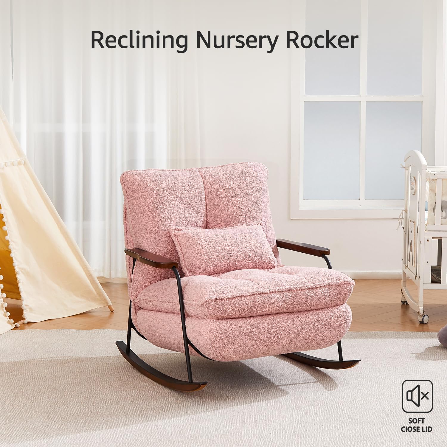 zyz Nursery Rocking Chair with Pillow, Teddy Upholstered Oversized Accent Chair Rocker Recliner, Solid Wood Frame, DIY Ottoman Footrest, Lazy Sofa for Living Room Bedroom (Teddy, Pink)