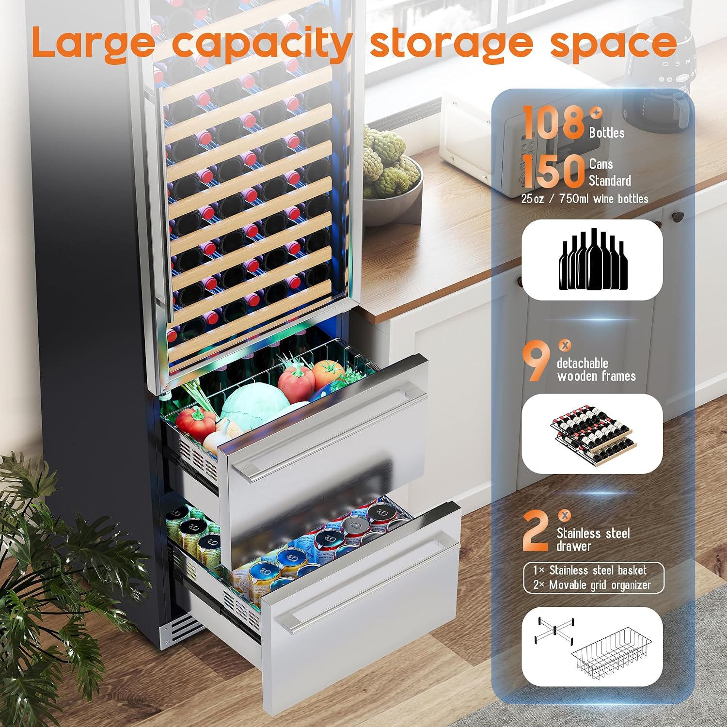 Albott 24 Inch Wine and Beverage Refrigerator, 2 In 1 Dual Zone 49 Bottle Wine Cooler 37–72℉ with Soft LED Light, Hold 108 Bottles and 150 Cans, Built-in or Freestanding Design for Home and Bar
