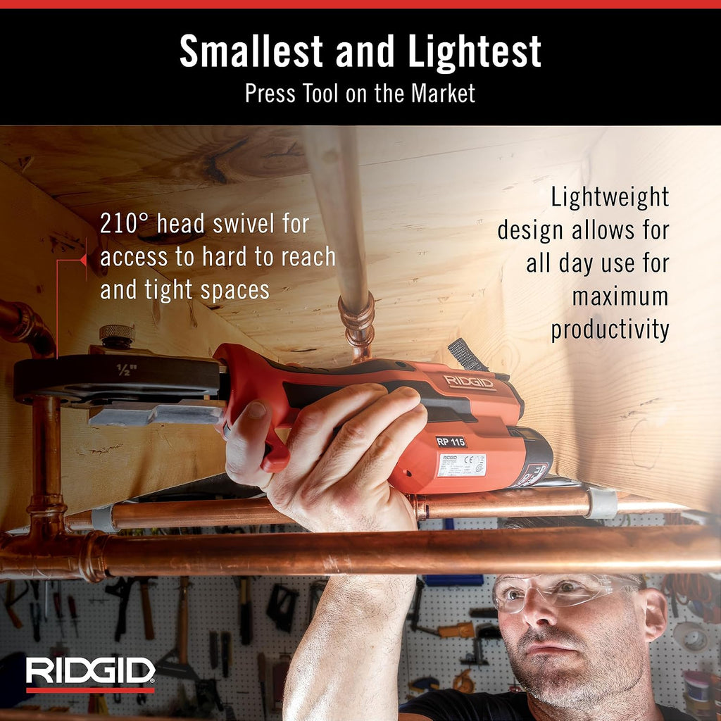 RIDGID 72558 Model RP 115 Mini Press Tool and Battery Kit with 1/2' to 3/4' ProPress and PureFlow Press Tool Jaws, 2V Li/Ion Battery, 12V Charger, and Carrying Case