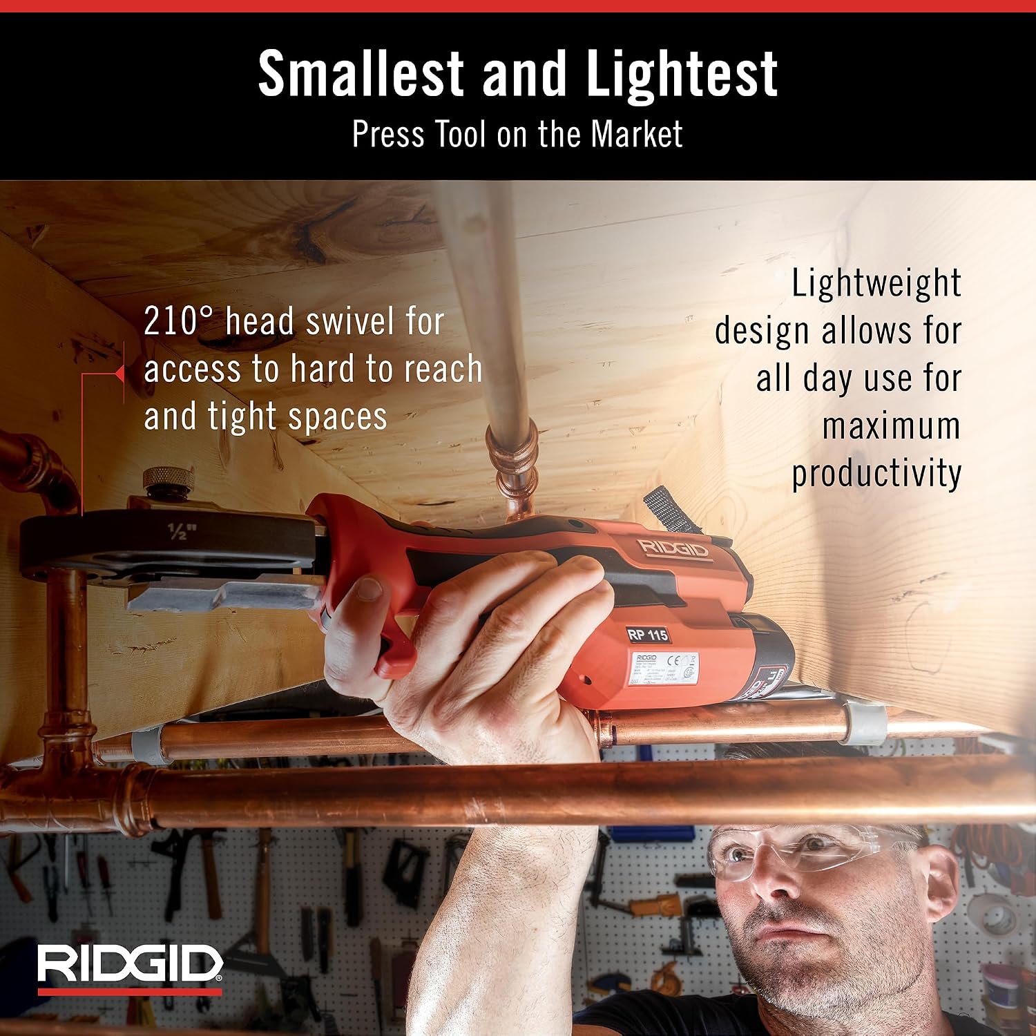 RIDGID 72558 Model RP 115 Mini Press Tool and Battery Kit with 1/2' to 3/4' ProPress and PureFlow Press Tool Jaws, 2V Li/Ion Battery, 12V Charger, and Carrying Case