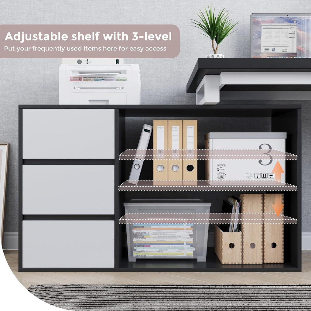 Home Office Computer Desk Corner Desk with 3 White Drawers and 2 Shelves, 53-inch L-Shaped Study Desk with Storage, Black + White