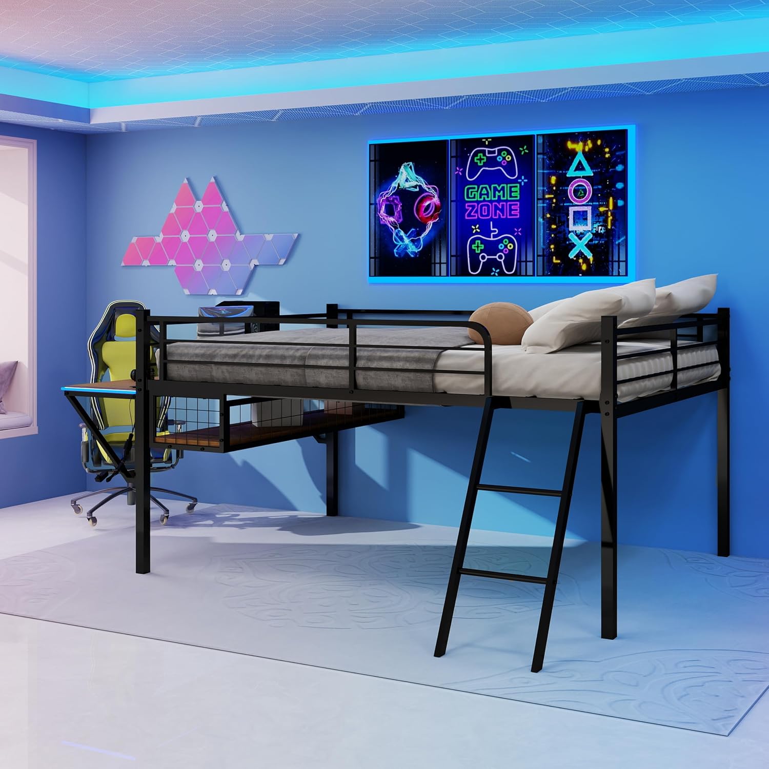 Linique Full Size Gaming Loft Bed with Desk, LED, Charging Station and Staircase, Metal Bed Frame with Vented Mesh Undercarriage Storage, Black + Light Brown