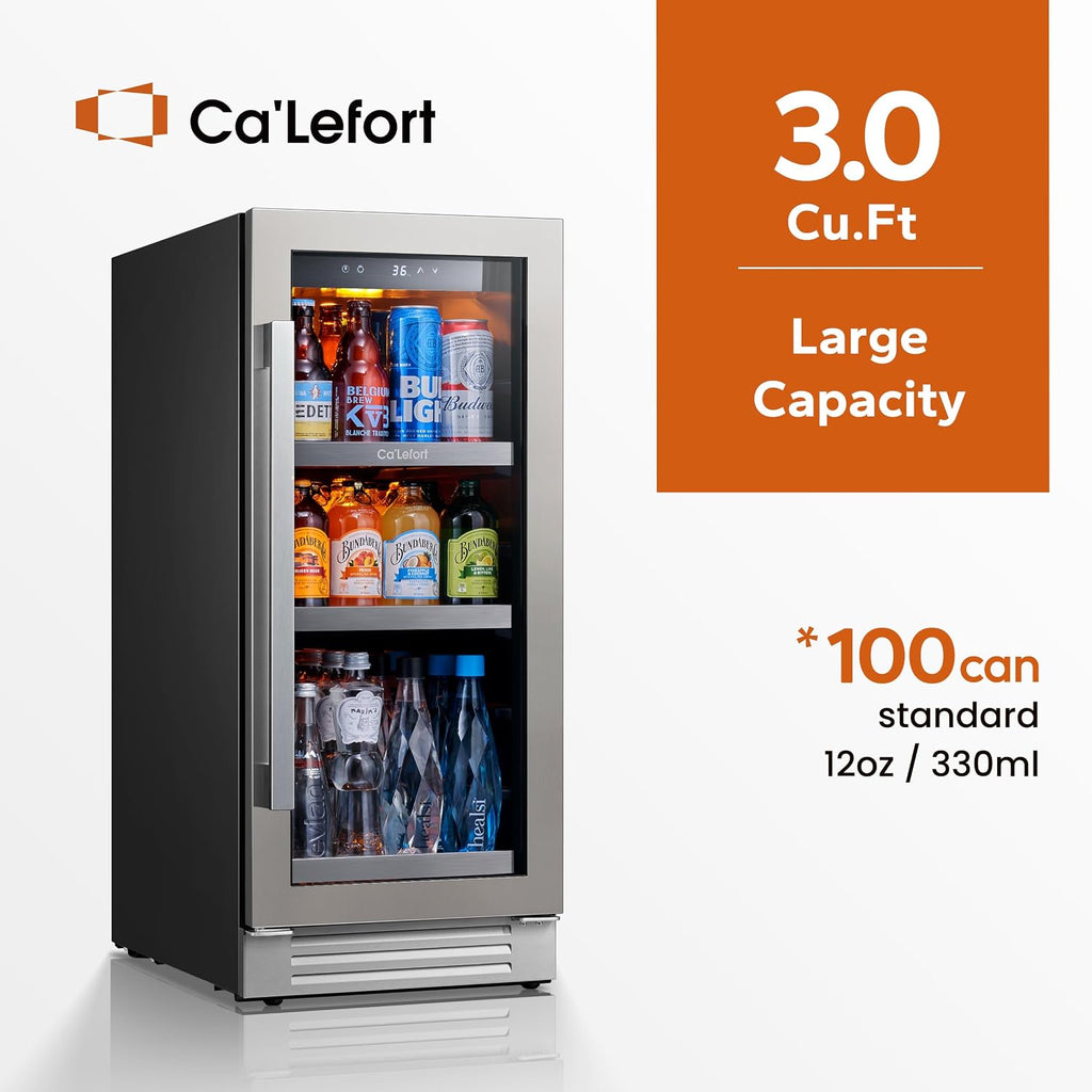Ca'Lefort 15 Inch Beverage Refrigerator Cooler - 100 Can Mini Fridge with Glass Door for Soda Beer or Wine, 3 LED Compressor Fridge for Home Office Bar with 3 Adjustable Removable Shelves(3.0 cu.ft)