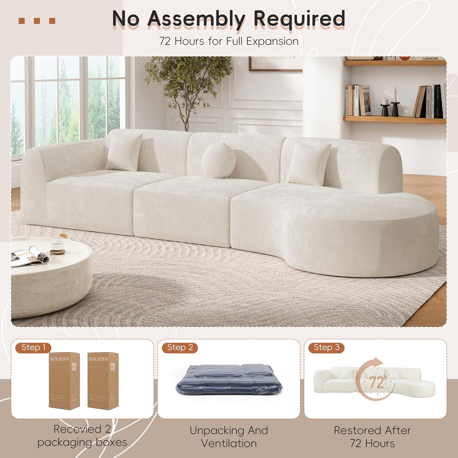 Merax 140' Curved Polyester Sectional Sofa Set, Modern Cloud Couch with Chaise Lounge & 3 Pillows, Fully Assembled for Living Room, Beige