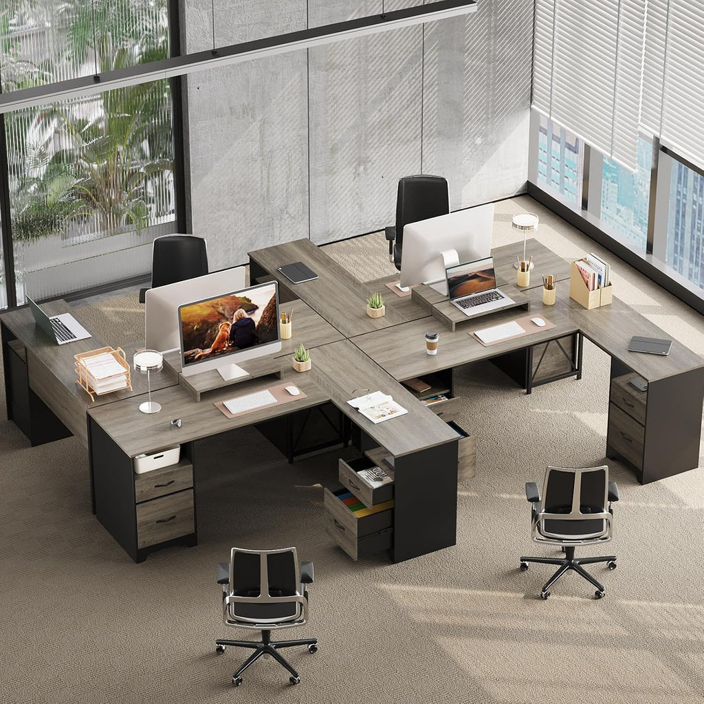 Bestier L Shaped Desk with 4 Drawers, 63' x 47' Executive Desk with Open Storage & Monitor Stand, Corner Desk with 2 File Drawers & Modesty Panel for Home Office, Gray