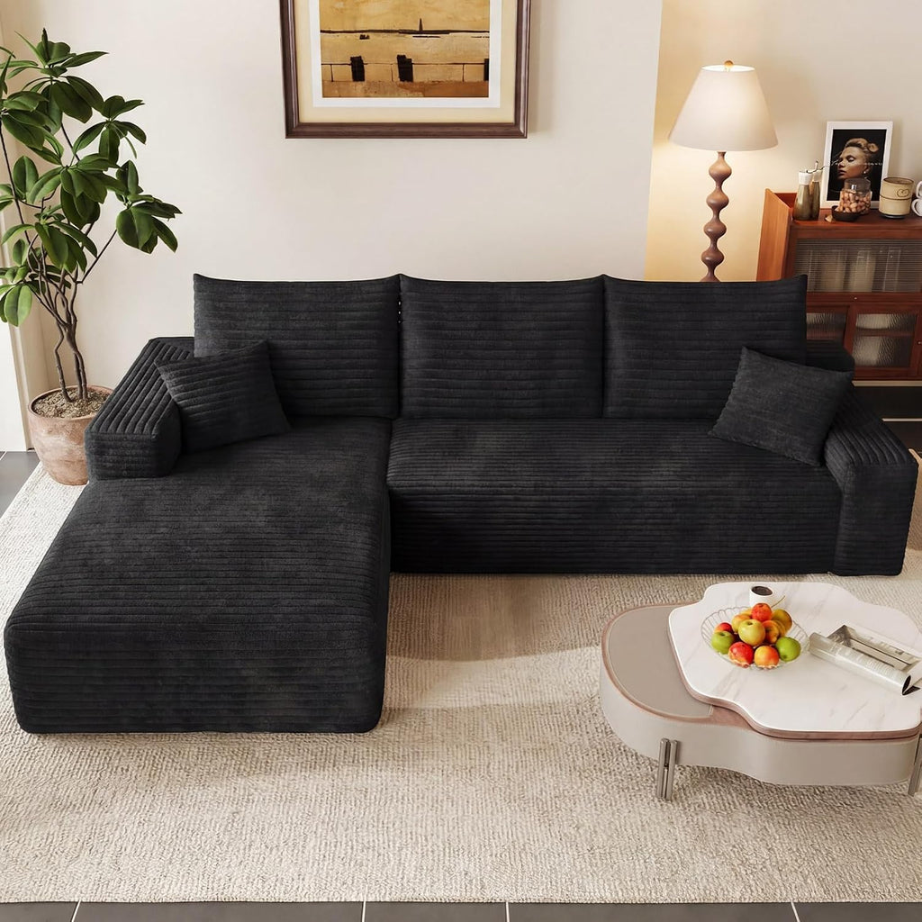 95' Modular Sectional Couch, Boneless L Shaped Cloud Sofa with Chaise Lounge, Corduroy Upholstered Couches Memory Foam Deep Seat, No Assembly Required, Ideal for Living Room(Black, Left Facing)