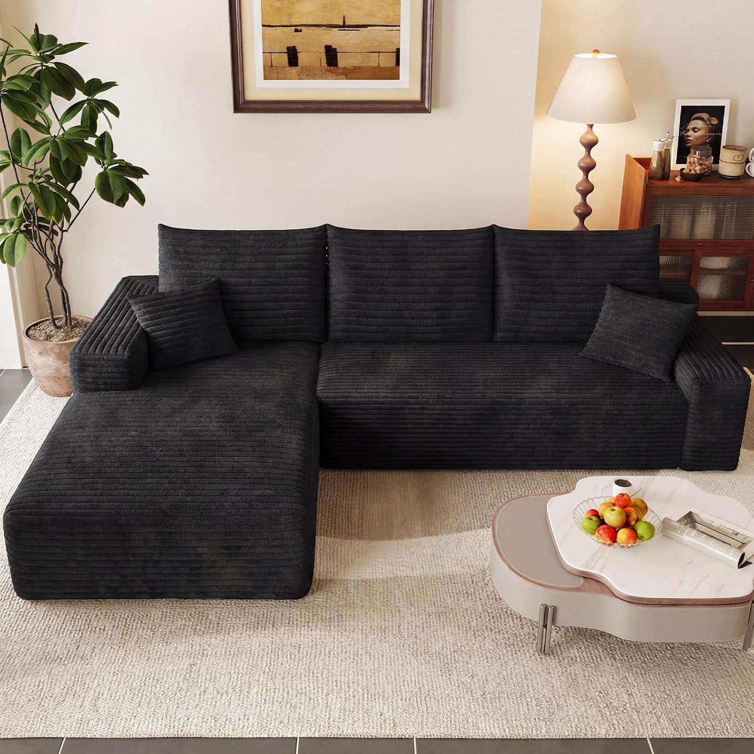 95' Modular Sectional Couch, Boneless L Shaped Cloud Sofa with Chaise Lounge, Corduroy Upholstered Couches Memory Foam Deep Seat, No Assembly Required, Ideal for Living Room(Black, Left Facing)