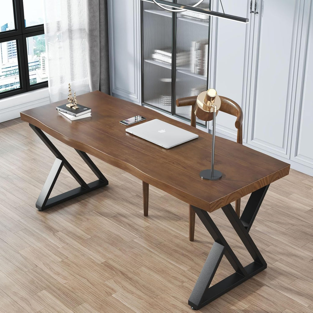 Sihtengxxhongs Rustic Style Solid Wood 55-inch Computer Desk - Large Office Desk for Home Office, Modern and Simple Design, Ideal for Study, Writing, Dining