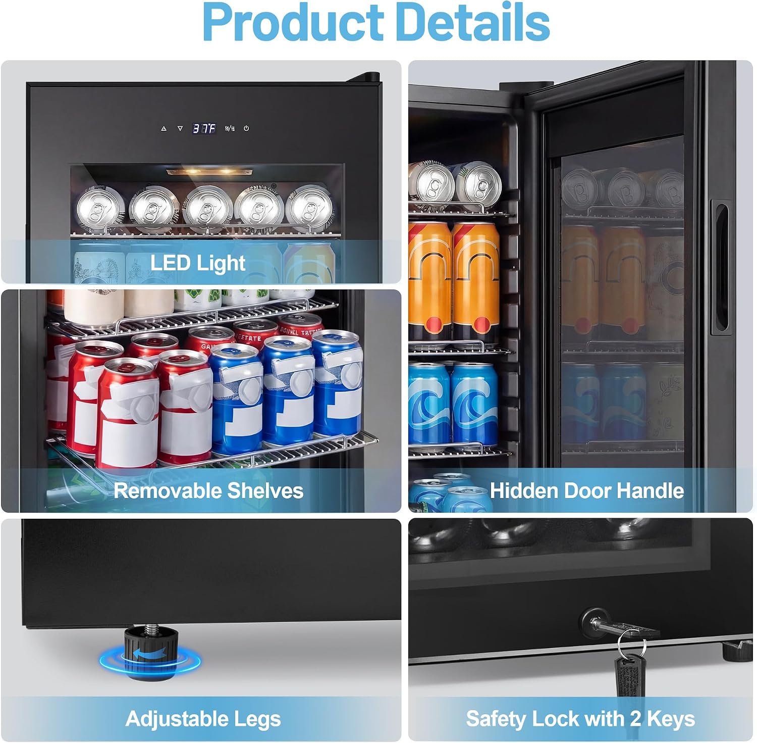 Beverage Refrigerator Cooler, 17 Inch 120 Cans Freestanding Mini Fridge with Glass Door, Adjustable Shelves and LED Light, Small Drink Fridge Counter-top Beer Fridge for Bedroom Office Bar