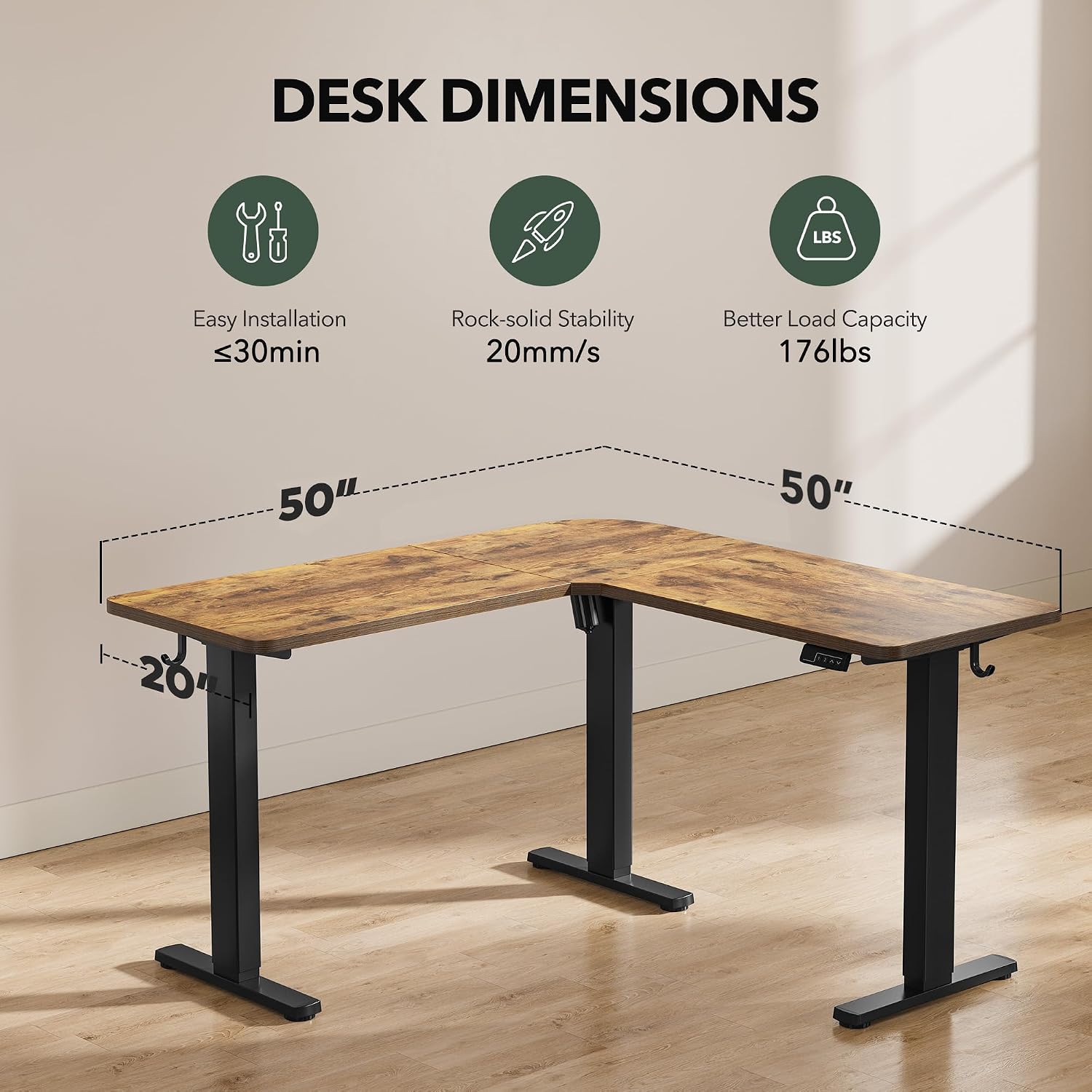 FEZIBO L Shaped Standing Desk, Electric Stand up Height Adjustable Home Office Table, Sit Stand Desk, Light Rustic Brown Top