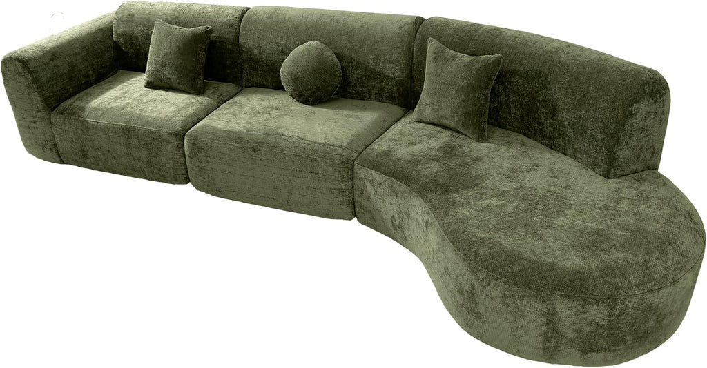Merax 3-Piece 140' Sectional Modular Sofa Set, 4 Seat Curved Modern Cloud Couch with Chaise Lounge, 3 Pillows, Fully Assembled High-Density Compressed Sponge for Living Room, Green