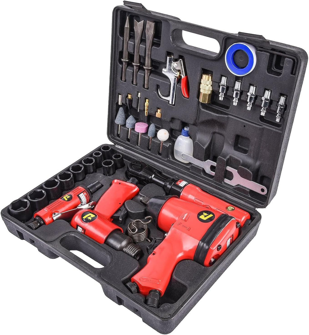 JEGS 81151 Air Tool Kit Includes Impact Wrench Ratchet Wrench Hammer Die Grinder