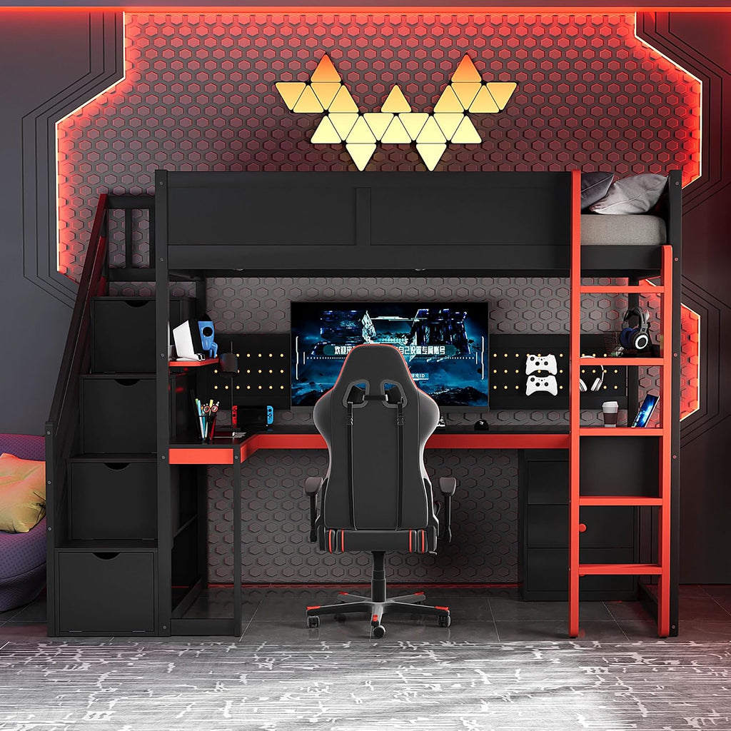 Merax Wooden Gaming Loft Bed with Storage Stairs, Desk, Shelves & Pegboard, Twin Size, Black+Red