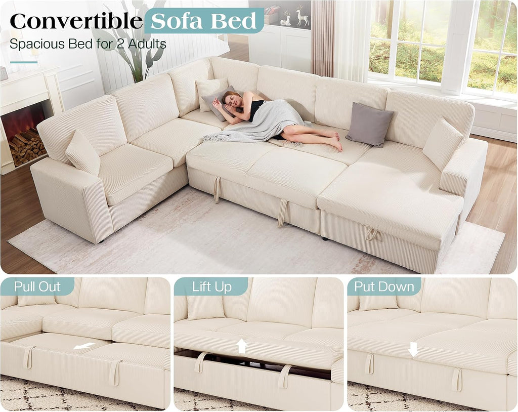 VanAcc 130' Sofa Bed, Sectional Sleeper Sofa with Pull Out Bed, Sleeper Couch with Storage, 6 Seater Couch for Living Room, Corduroy Off-White