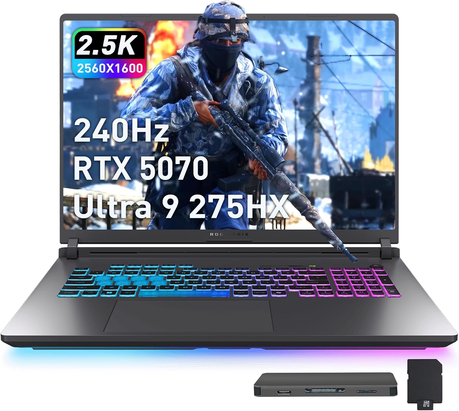 ASUS ROG Strix G18 18' WQXGA 240Hz Gaming Laptop, GeForce RTX 5070 8GB, Intel Ultra 9 275HX, 64GB DDR5, 3TB Storage (2TB SSD + 1TB Docking Station Set), Backlit Keyboard, IR Camera, Win 11 Pro, Gray